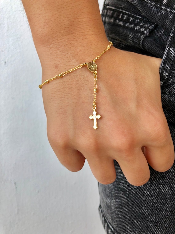 18K YELLOW GOLD ROSARY BRACELET, 2.5 MM SPHERES, CROSS & MIRACULOUS MEDAL |  eBay