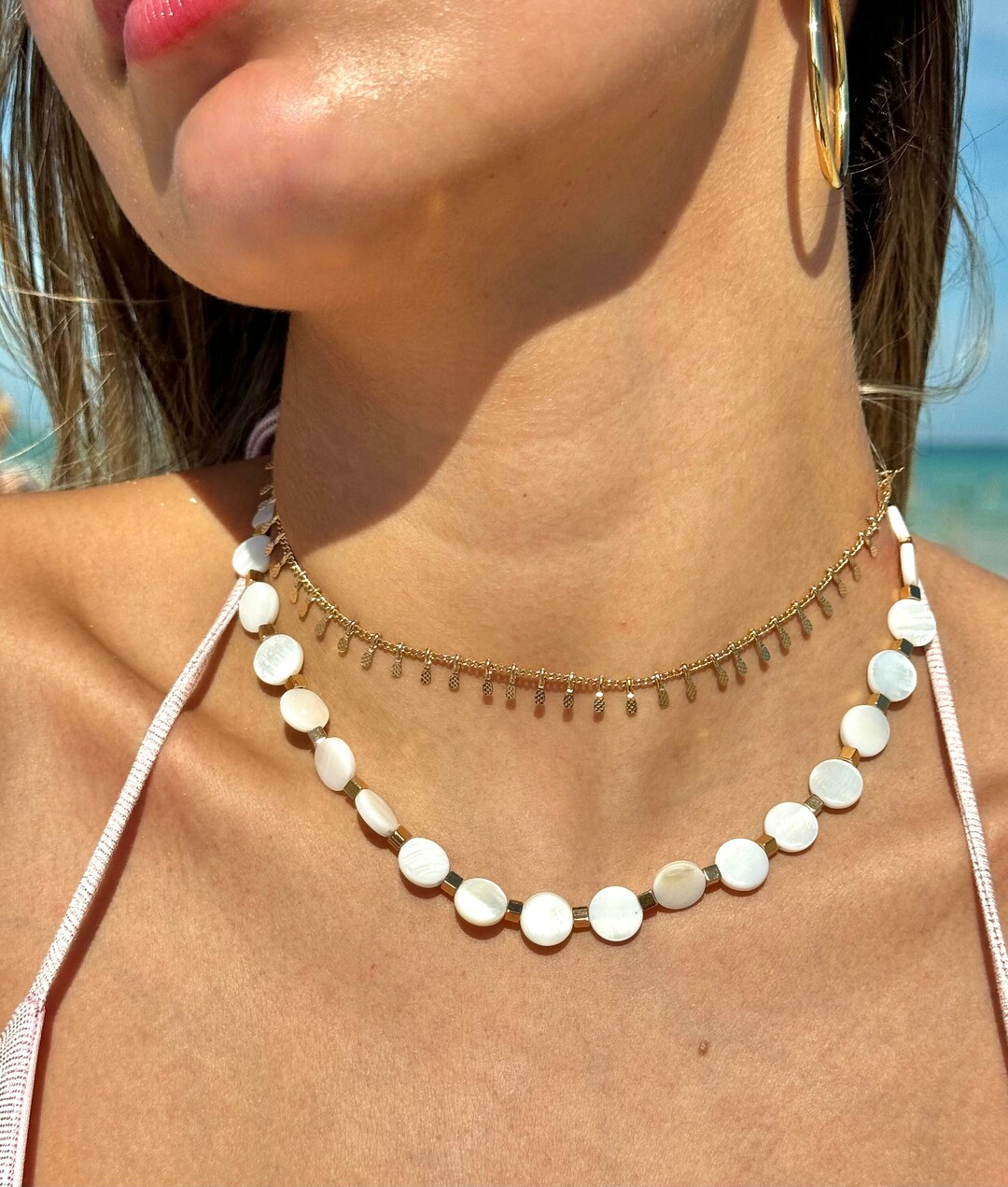 Beaded Boho Choker Necklace For Women – 14K Gold Plated, Colorful Beads & Pearl, Adjustable 18.5-20.5 Inch