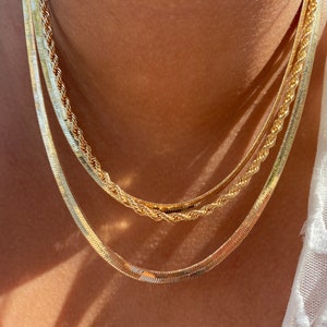 Best Seller | Snake Chain Layered Set | Skinny Rope Chain | 3mm Gold Rope Chain | Herringbone Choker |18K Gold Filled Layered Gold Necklaces