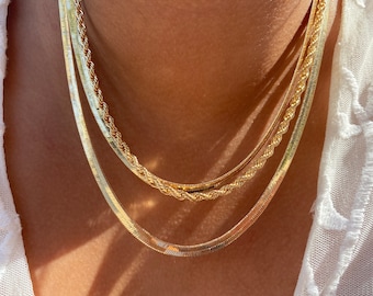 Best Seller | Snake Chain Layered Set | Skinny Rope Chain | 3mm Gold Rope Chain | Herringbone Choker |18K Gold Filled Layered Gold Necklaces