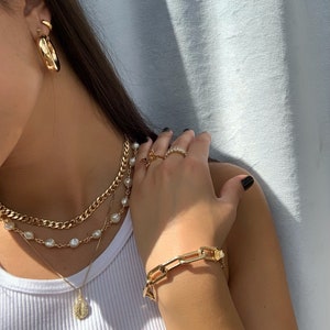 Gold Vegan Pearl Necklace Set | Gold Cuban Necklace | Cowrie Shell Necklace | Layered Necklace Set