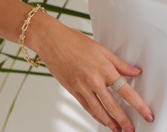 Micro Pave CZ Stones Ring Band | Thick Cubic Zirconia Stone Ring | Shiny Diamond Statement Rings | CZ Stone Stackable Ring