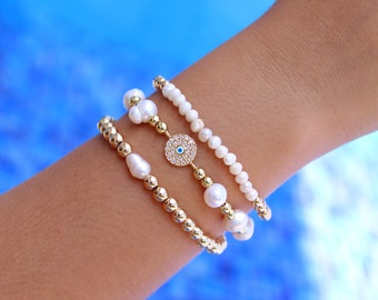 Evil Eye Bracelet Set | Gold Beaded Stacking Bracelet | Adjustable Evil Eye Bracelet | Lucky Eye Bracelet | Fresh Water Pearl Bracelet Gift