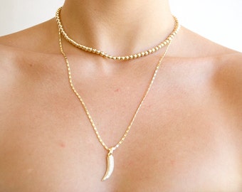 Gold Beaded Choker, Gold Dainty Tooth Necklace, Beaded Choker Necklace, 18K Gold Filled Beaded Choker