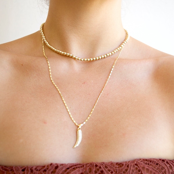 Gold Beaded Choker, Gold Dainty Tooth Necklace, Beaded Choker Necklace, 18K Gold Filled Beaded Choker