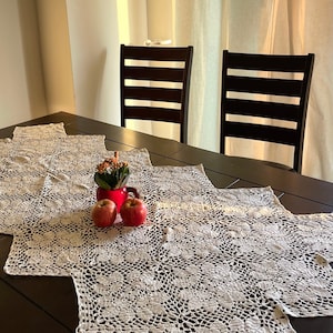 Crocheted Vintage Table Runner, Off-white/ cream hand made table overlay, boho decor, vintage decor, housewarming gift