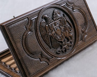 Handmade Wooden Backgammon The Coat Of Arms Of Armenia and Coat of Arms of Russia
