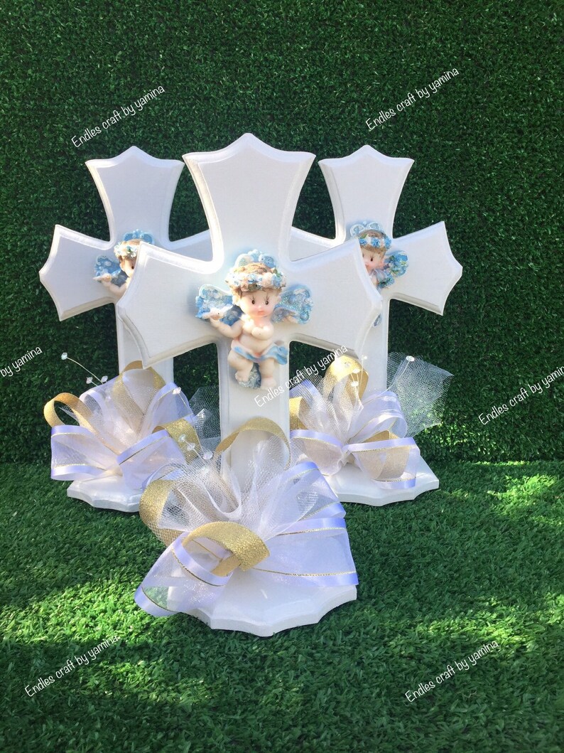 Baptism Boy Wood cross Centerpiece.