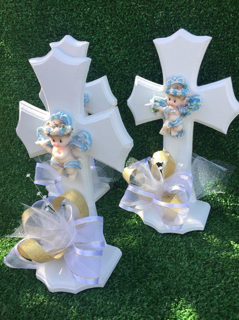 Baptism Boy Wood cross Centerpiece.