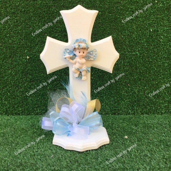 Baptism Boy  Wood cross Centerpiece.