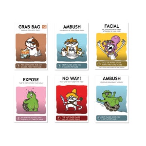 May include: A collection of six illustrated game cards with humorous animal characters. The cards feature text like "Grab Bag," "Ambush," and "Facial," with cartoon images of a dog, hamsters, an octopus, a turtle, a cat, and a reptile.