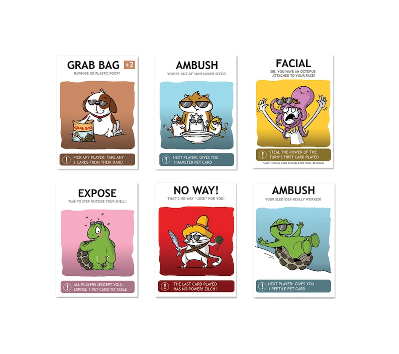 May include: A collection of six illustrated game cards with humorous animal characters. The cards feature text like "Grab Bag," "Ambush," and "Facial," with cartoon images of a dog, hamsters, an octopus, a turtle, a cat, and a reptile.