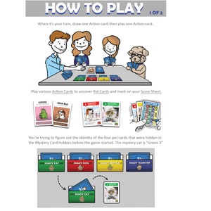 May include: A game instruction sheet titled "HOW TO PLAY" with illustrations. The sheet shows people and a dog playing a card game with action cards, pet cards, and score sheets. The text explains the game's objective and rules.