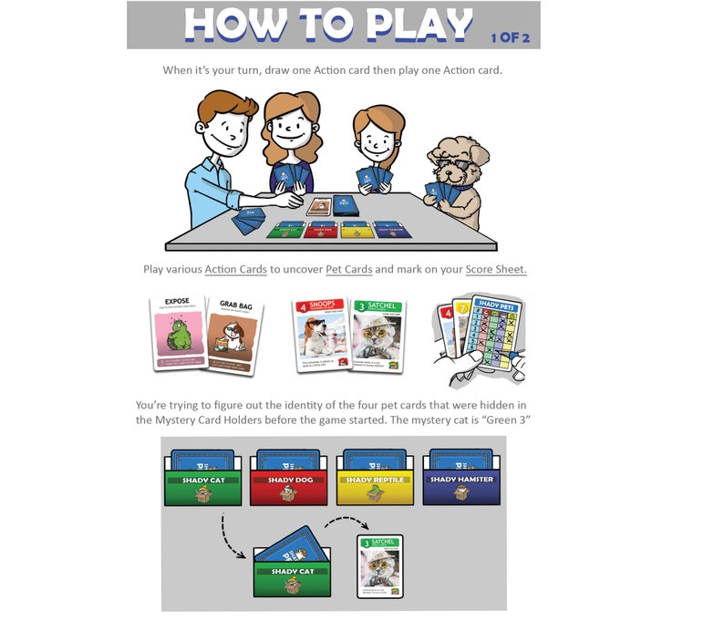 May include: A game instruction sheet titled "HOW TO PLAY" with illustrations. The sheet shows people and a dog playing a card game with action cards, pet cards, and score sheets. The text explains the game's objective and rules.