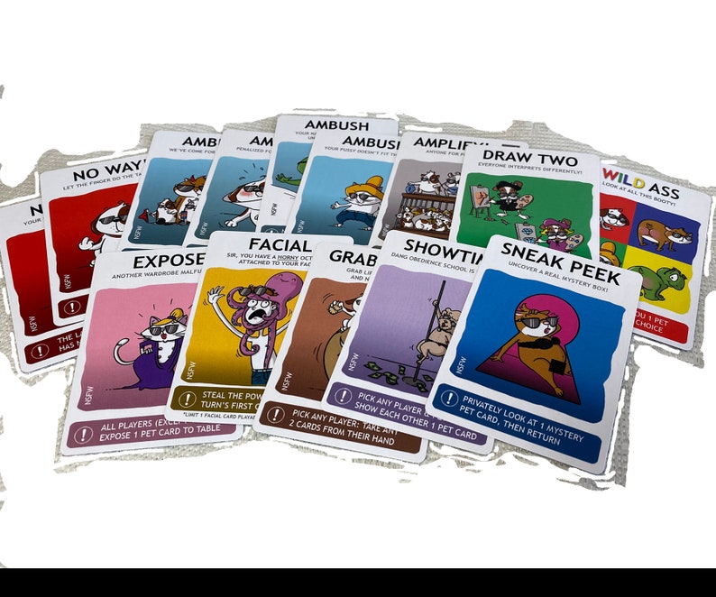 May include: A collection of NSFW playing cards with various illustrations and text. The cards feature cartoon animals in humorous situations, with phrases like "Ambush," "Expose," and "Sneak Peek." The cards are white with colorful graphics.