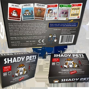 May include: A Shady Pets card game box set, featuring a black box with the game title and a graphic of cartoon hamsters wearing sunglasses. The box also includes the text "Throw Octopuses!" and "NSFW Totally Twisted Deck Age 17+".