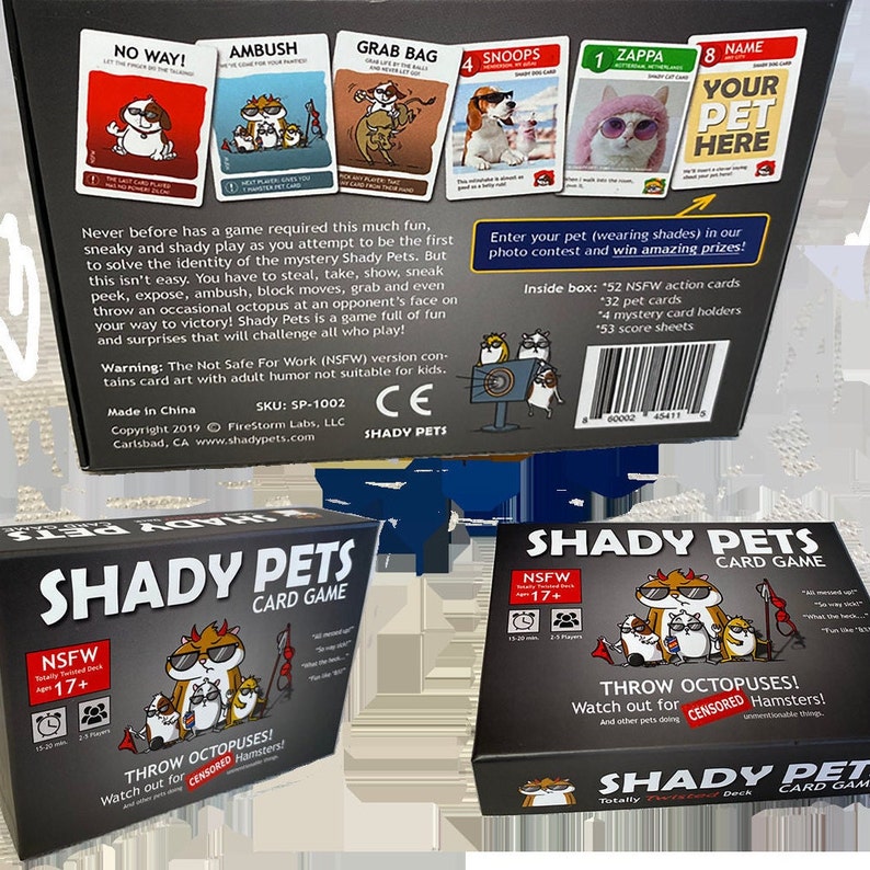 May include: A Shady Pets card game box set, featuring a black box with the game title and a graphic of cartoon hamsters wearing sunglasses. The box also includes the text "Throw Octopuses!" and "NSFW Totally Twisted Deck Age 17+".