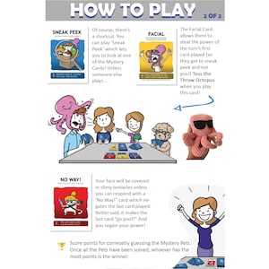 May include: A game instruction sheet titled "HOW TO PLAY" with illustrations. The sheet explains card game rules, including "SNEAK PEEK," "FACIAL," and "NO WAY!" A pink octopus wearing sunglasses is also shown.