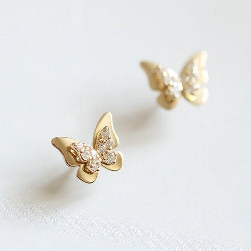 Solid Gold Butterfly Stud Earrings Real Gold Double Butterfly | Etsy