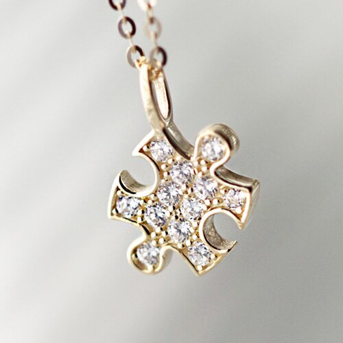 Solid Gold Jigsaw Necklace Pendant Real Gold Cubic Zirconia Etsy