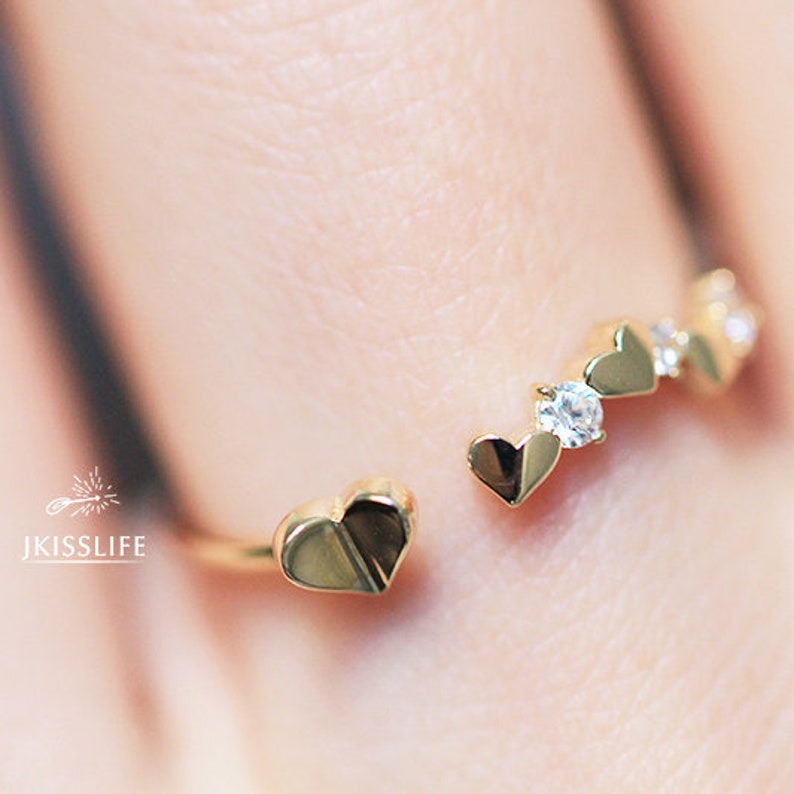 Solid Gold Stackable Dainty Ring Real Gold Heart Zirconia Diamond Delicate Ring Gift for Her Gold Minimalist Ring Band