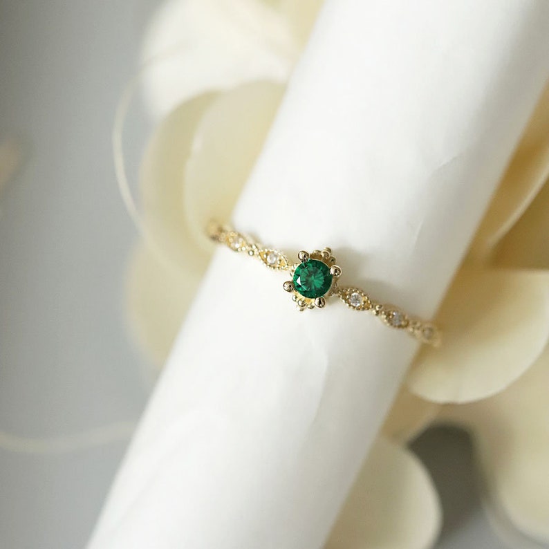 Real Solid Gold Emerald Green Gemstone Dainty Stackable Ring, Real Solid Gold Gemstone Statement Ring, Gift for Her,  gift 