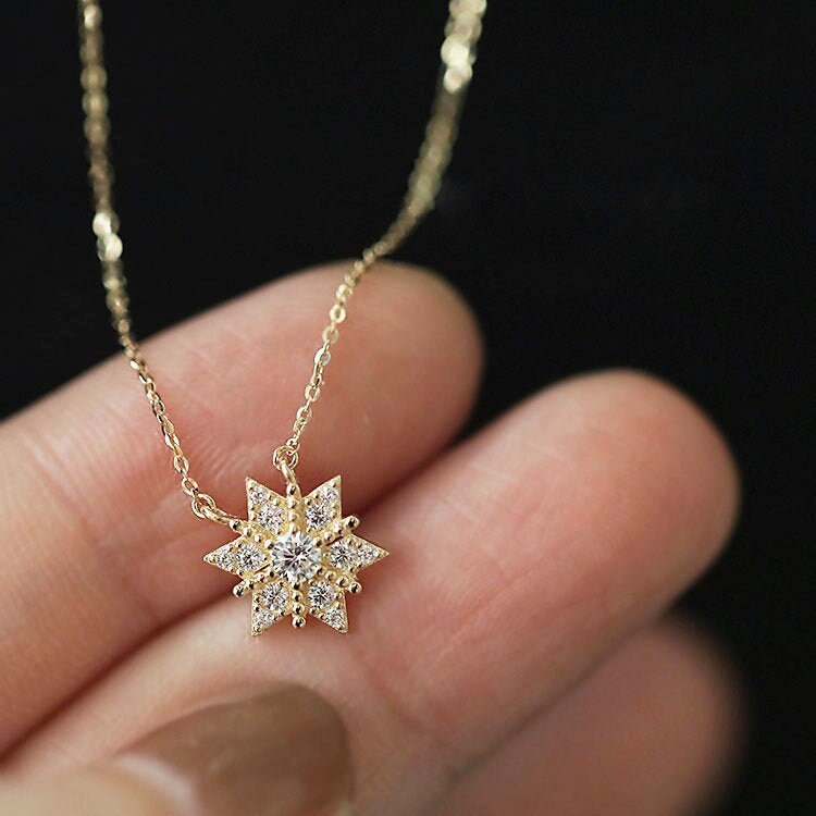14K Solid Gold Snowflake Pendant 