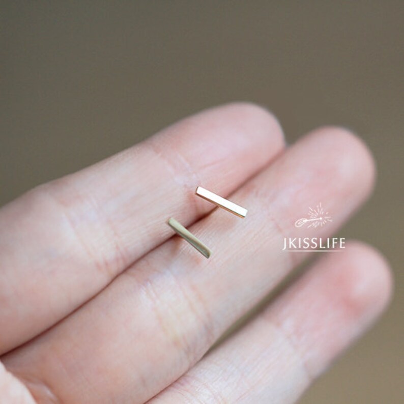 14K Solid Gold Bar Stud Earrings Real Gold Stick Earrings Etsy