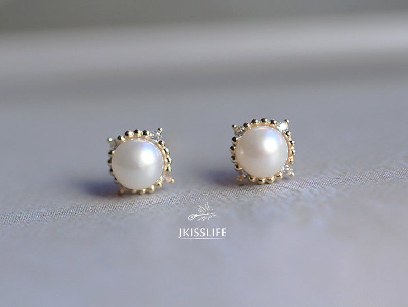 9K Solid Gold Natural Pearl Stud Earrings Real Gold Genuine Etsy