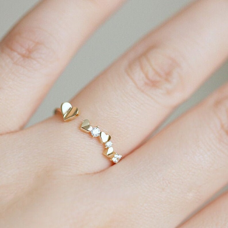 Solid Gold Stackable Dainty Ring Real Gold Heart Zirconia Diamond Delicate Ring Gift for Her Gold Minimalist Ring Band