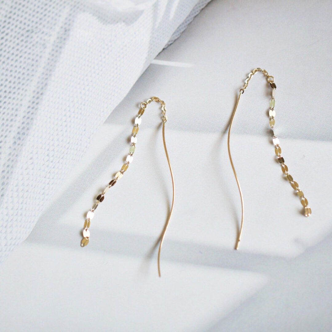14K Solid Gold Threader Earrings, 14K Gold Dangling Ear Threads, Gold