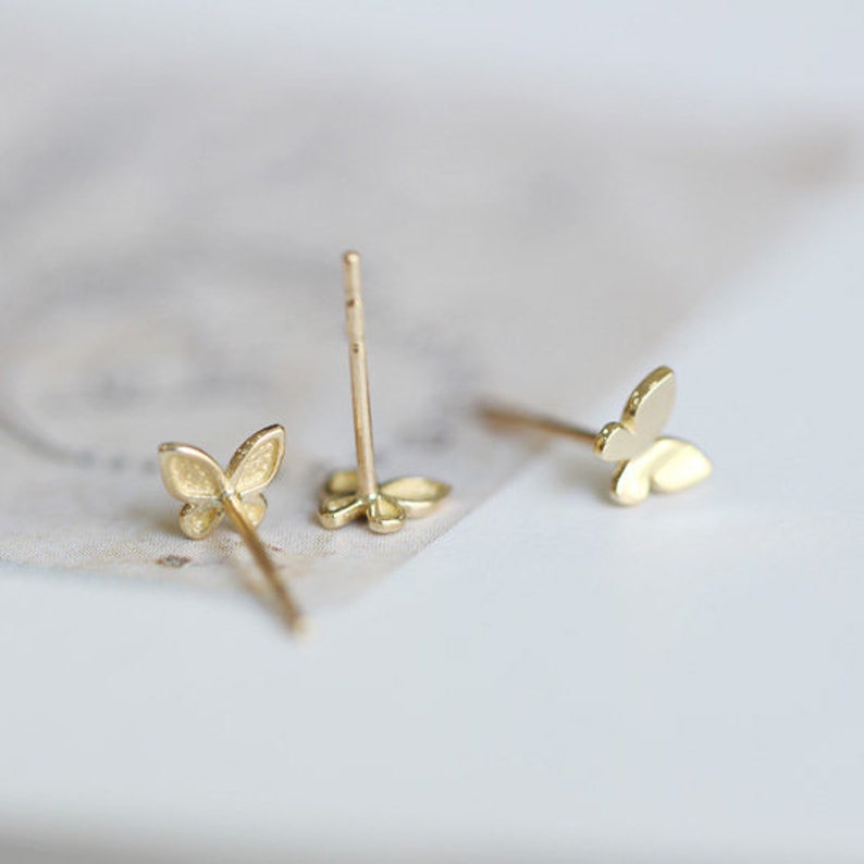 14k Solid Gold Butterfly Stud Earrings Dainty Minimalist Etsy