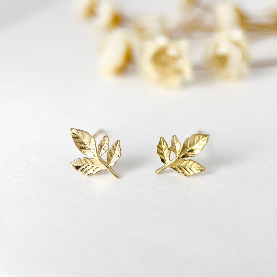 SOLID GOLD Delicate Twig Stud Earrings 9K Solid Gold Leaves - Etsy