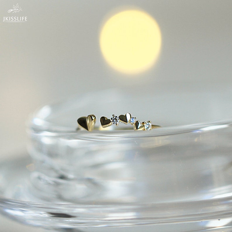 Solid Gold Stackable Dainty Ring Real Gold Heart Zirconia Diamond Delicate Ring Gift for Her Gold Minimalist Ring Band