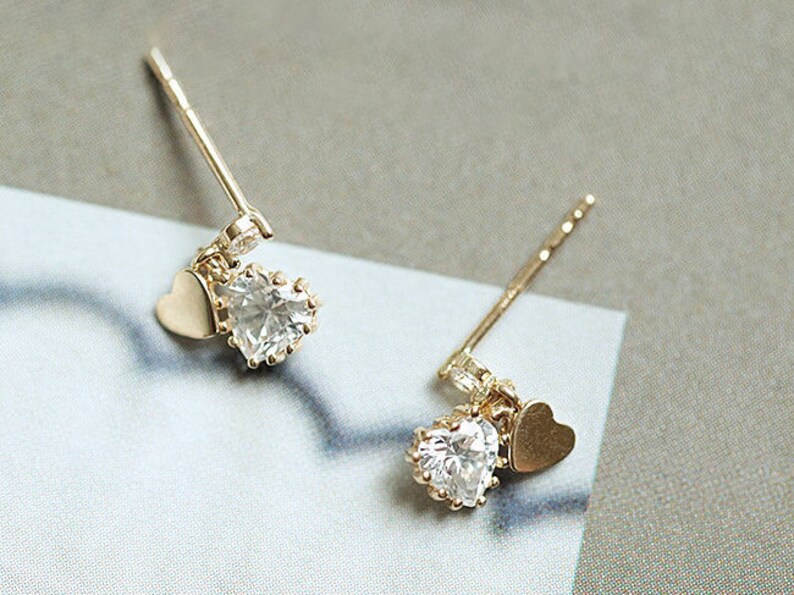 14K Solid Gold Double Heart Stud Earrings 14K Real Gold image 1