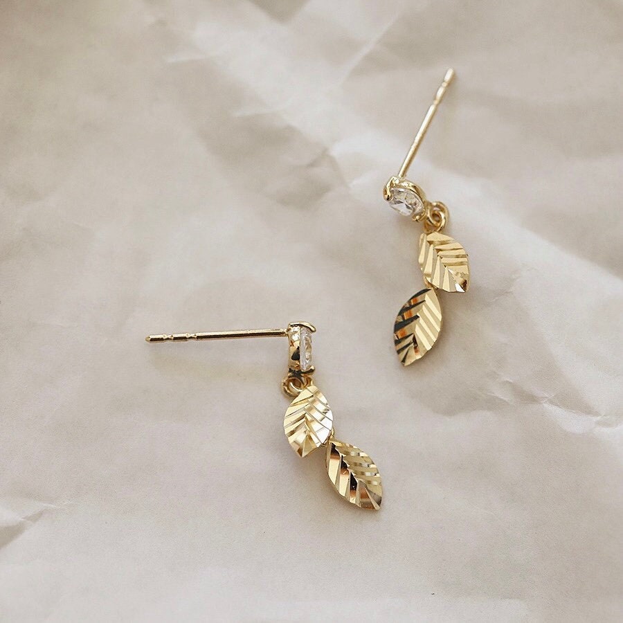 14K Solid Gold Delicate Olive Branch Dangle Drop Earrings - Etsy