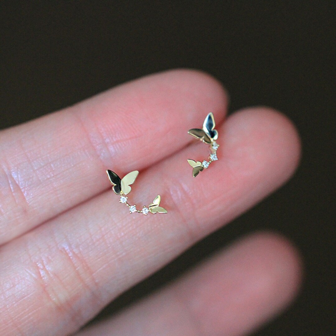 14K Solid Gold Butterfly Stud Earrings Real Gold Double Etsy