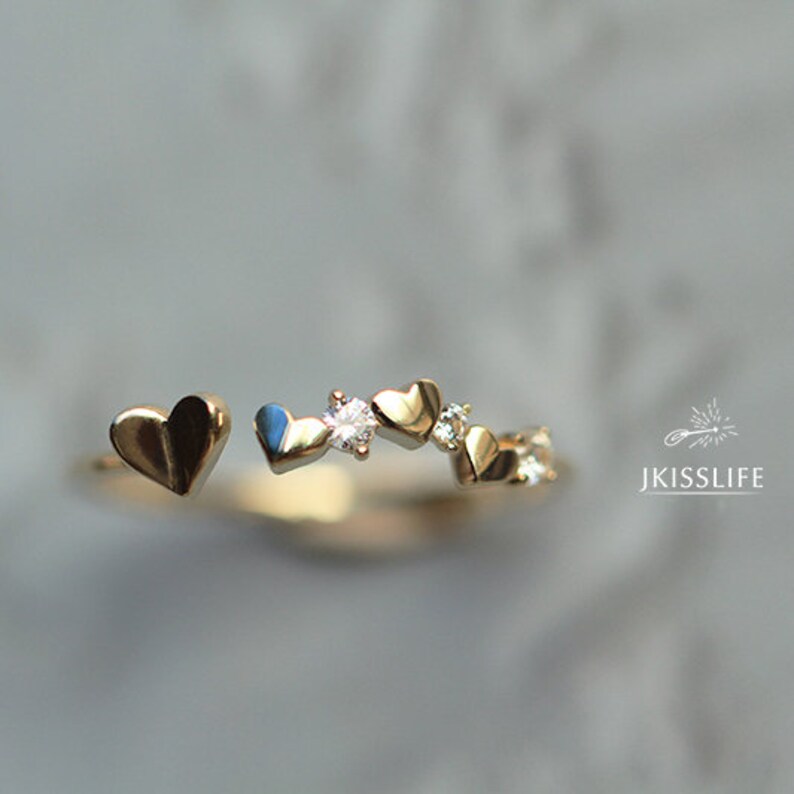 Solid Gold Stackable Dainty Ring Real Gold Heart Zirconia Diamond Delicate Ring Gift for Her Gold Minimalist Ring Band