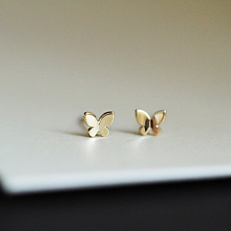 14K Solid Gold Butterfly Stud Earrings, Dainty Minimalist Earrings, Delicate Butterfly Stud Earrings, Valentine's Gift for Her 