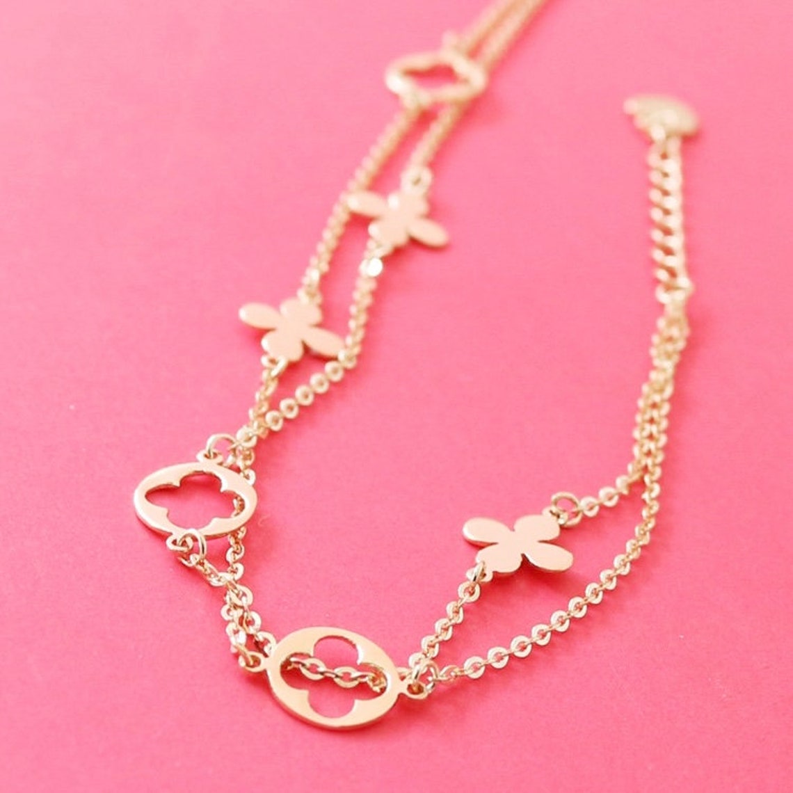 14K Solid Gold Dainty Flower Bracelet Gold Chain Bracelet Etsy