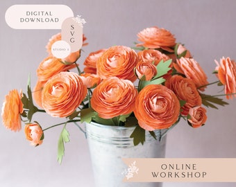 Paper Ranunculus Flower Online Workshop for Cricut and Silhouette includes SVG Studio3 Templates Video Tutorials Material List