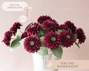 Paper Dahlia Flower Online Workshop for Cricut and Silhouette cutting machines includes SVG Studio3 Templates Video Tutorials Material List