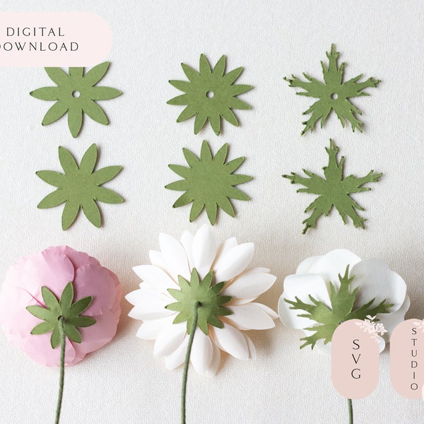 Paper Flower Sepal Template Stemming Base Leaf for small or rolled paper flowers includes 3 Designs with and without holes SVG STUDIO3