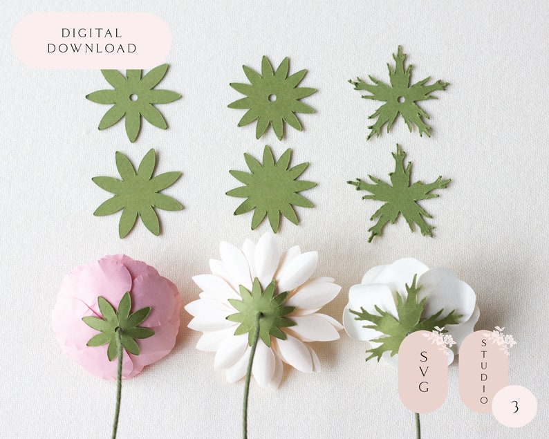 May include: Green paper flower cutouts with holes in the center. The cutouts are arranged in rows of three. The top row has two flower shapes and one snowflake shape. The middle row has the same shapes. The bottom row shows three paper flowers with the cutouts attached to the back.
