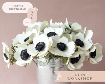 Paper Anemone Flower Online Workshop for Cricut and Silhouette includes SVG Studio3 Templates Video Tutorials Material List