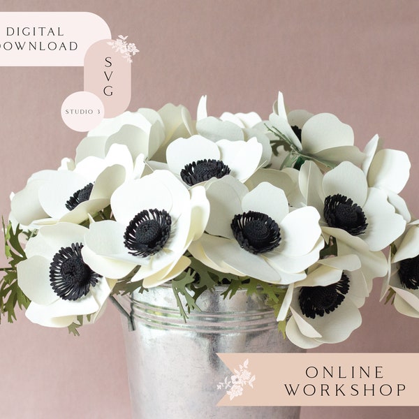 Paper Anemone Flower Online Workshop for Cricut and Silhouette includes SVG Studio3 Templates Video Tutorials Material List