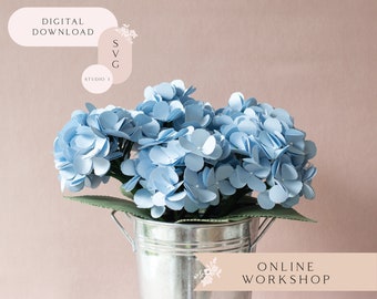 Paper Hydrangea Flower Online Workshop for Cricut and Silhouette includes SVG Studio3 Templates Video Tutorials Material Guide