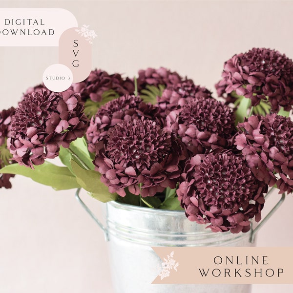 Paper Scabiosa Pin Cushion Flower Online Workshop for Cricut and Silhouette includes SVG Studio3 Template and Video Tutorials Material List