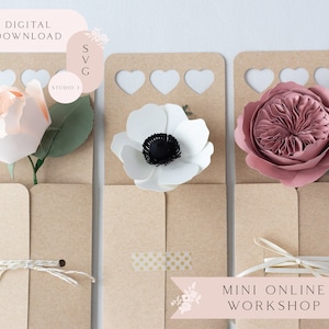 Porta fiori di carta Cuori Maniglia Mini Workshop online per Cricut Silhouette include SVG Studio3 Modelli Video Tutorial Elenco dei materiali