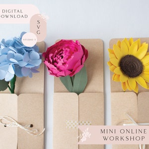 Papierblumenhalter Umschlag Mini Online Workshop für Cricut und Silhouette beinhaltet SVG Studio3 Vorlagen Video Tutorials Materialliste